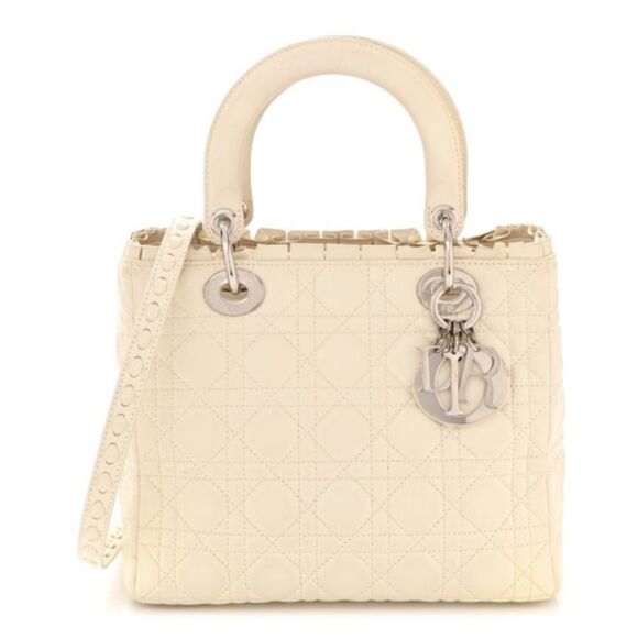 Authentic Christian Dior Lambskin Cannage Ruffle Trim Medium Lady Dior Off White - Picture 5 of 14